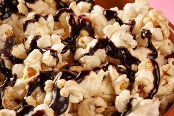close up sweet popcorn with chocolate sauce