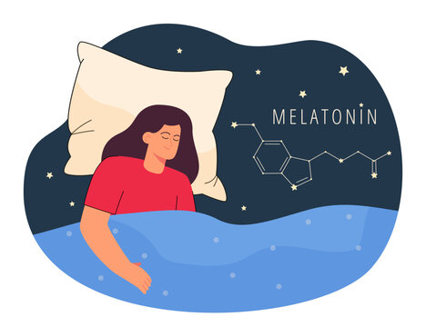 Girl sleeping well in bed and melatonin hormone chemical formula. Healthy sleep of smiling woman, using dormitive pills at night flat vector illustration. Insomnia, hormonal therapy for jetlag concept