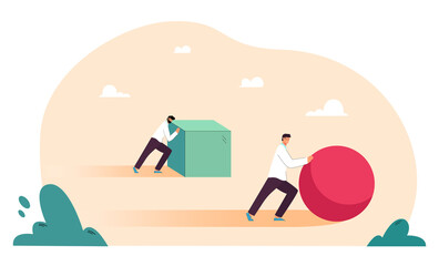 Push competition of two business people. Efficient businessman pushing ball, smarter winner working better, leading race flat vector illustration. Leadership, efficiency, innovative strategy concept