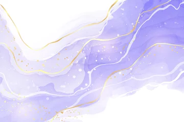 Fotobehang Purple lavender liquid watercolor background with golden lines. Pastel violet marble alcohol ink drawing effect. Vector illustration design template for wedding invitation, menu, rsvp © svetolk