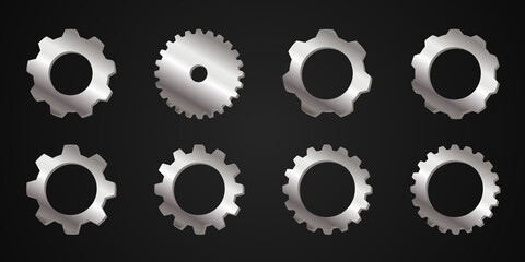 Shiny silver metallic cogwheel collection. Gear wheel vector icon set. Gears mechanism, progress, construction concept, or UI element. Vector illustration 