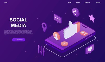 Media mobile application. Development of social application. Programs for communication on network, chatting with friends. Cartoon volumetric vector illustration isolated on violet background