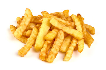 Crunchy French fries, isolated on white background.