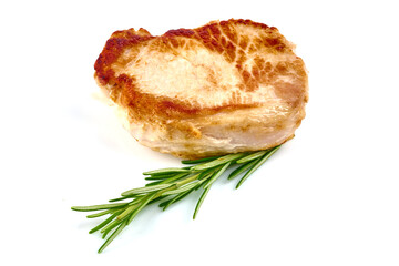 Roasted pork steaks with rosemary, isolated on white background.