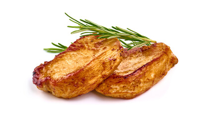 Fried juicy pork steak bbq, isolated on white background.