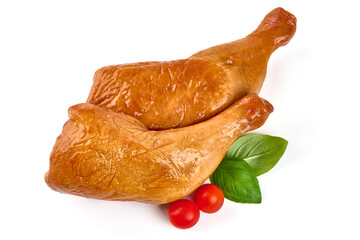 Smoked chicken quarters, isolated on white background.