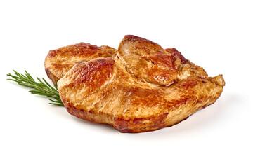 Grilled pork shoulder steak, isolated on white background.