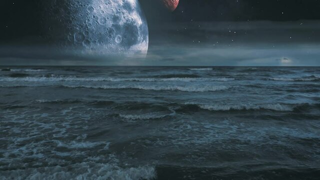 Night ocean with planets visible in the sky. Scifi fantasy alien planet sea