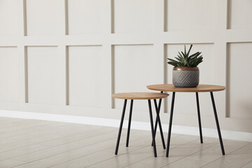 Tables with potted houseplant near empty wall indoors. Space for design