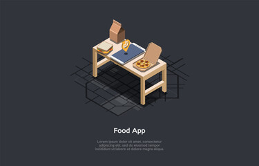 Fototapeta premium Dark Background, Conceptual Writing. Isometric Vector Composition, Illustration In Cartoon 3D Style. Foodstuff Related Application. Modern Online Program Or Mobile App For People. Recipes, Calories.