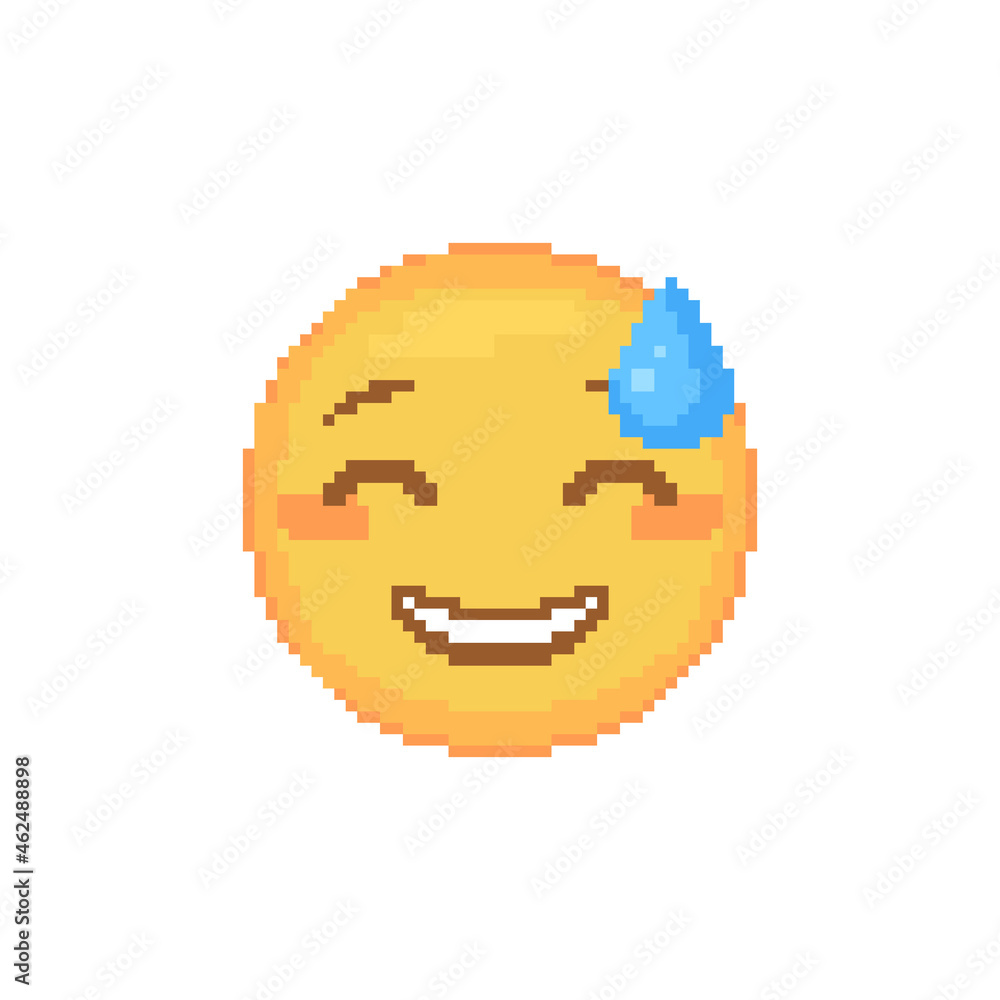 Wall mural Pixel art Grinning emoticon with Sweat. Retro pixel emoji with blue bead of sweat nerves yellow face. Cute cartoon kawaii vector social media sweaty icon. 8 bit style Happy Sweat emoji yellow smile.
