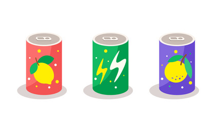 Colorful Cans of Soft Drinks Set. Hand drawn cute cartoon set of soda in aluminum cans. Aluminum soda cans illustrations. Kawaii trendy design of cans with lemon bobbles and energy drink lightning

