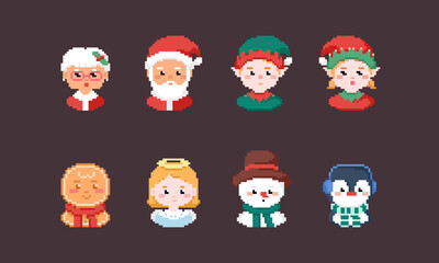 Pixel art Christmas characters icon set. Vector 8 bit style retro illustration of Christmas fantasy people like Santa, cookie man, elf, snowman, penguin, angel and mrs Claus. Isolated winter avatars.
