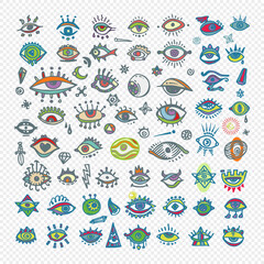 Set of various hand drawn eyes, freehand doodle style.