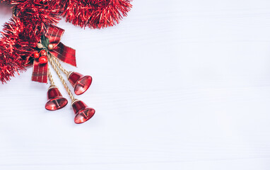 Christmas flat lay in red and gold on a white background, сhristmas tree decorations