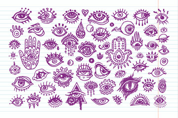 Set of various hand drawn eyes, freehand doodle style.