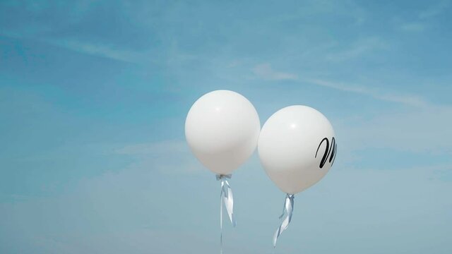 Newlyweds walk on the bridge by the river with balloons in their hands.