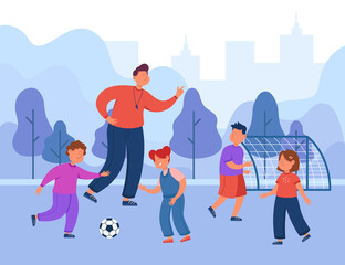 Cartoon soccer coach training class. Happy children playing football on field flat vector illustration. School, sport, teaching, outdoor activities concept