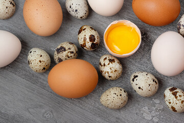 Top view of chicken and quail eggs on table