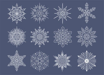 Symmetrical snowflake set, snowflake star shaped icon set