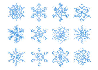 Symmetrical snowflake mandala set, star shape icons set blue white outline