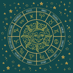 Horoscope circle with sun,moon,star and zodiac signs