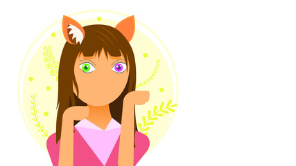 Flat Girl Woman Character With Cat Ears With Different Colors Eyes Disease Heterochromia Concept Music Play Song Melody Concert Leaf Leaves