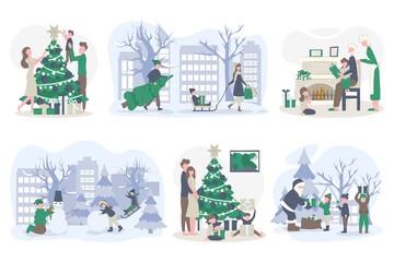 Christmas set with the family. Set winter holiday people