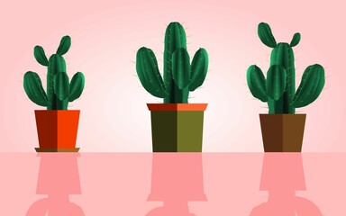 Three cactus trees in flower pots with colored shadows of people and young people background