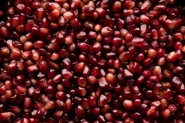 A lot of beautiful red pomegranate seeds in a black bowl
