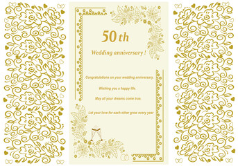 50th Wedding Anniversary Invitation. Beautiful  illustration. Gold abstract decorative frame. Ornate patterns with flowers. Used for wedding invitations, postcard decoration, text writing