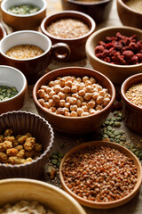 A healthy food mix of grains, groats and nuts, focus on the bowl inside with chickpeas, close up view.  Super food