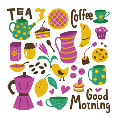 Tea and coffee set. Hand drawn teapot, coffee maker, jug of milk, tin box, cup, mug, spoon, pie, croissant, cake, cookies, muffin, jam, honey, lemon, bird, flower and lettering
