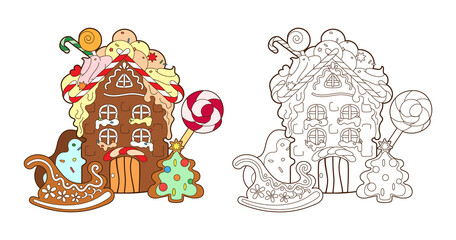 Coloring page with gingerbread house, Christmas candies and new year gingerbread tree, vector ,illustration in cartoon style, black and white line art