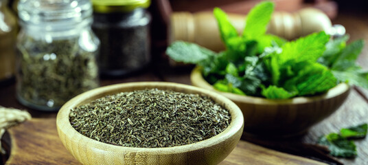 crushed mint, powdered homemade mint tea infusion, home made with organic produce