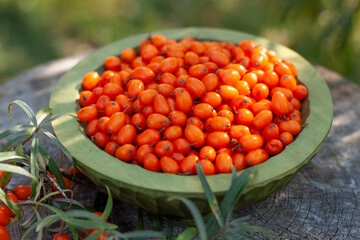 Ripe sea buckthorn berries in wooden bowl, closeup

