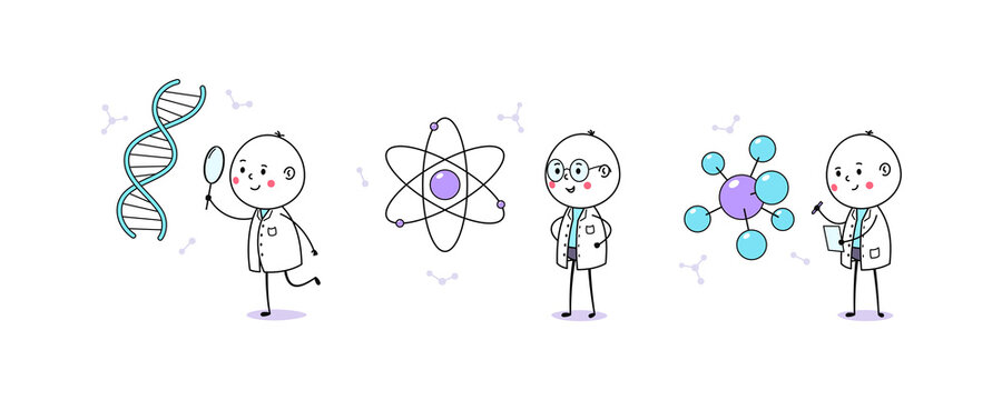 Medical and scientific research. Cartoon doodle man, cute doctor and scientist. DNA and gene research, atom and molecular structure, medical laboratory. Cute cartoon characters, vector illustration