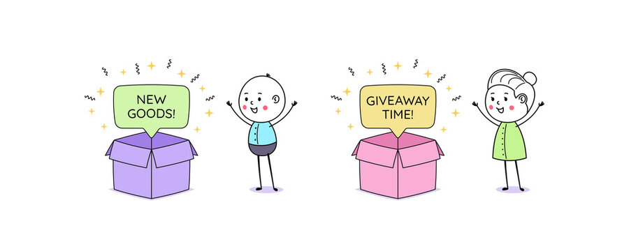 Opening box with bubble message and text New Goods and Giveaway Time. Cartoon doodle man and woman. Festive giveaway, quiz time, give gift and contest in social media. Vector illustration