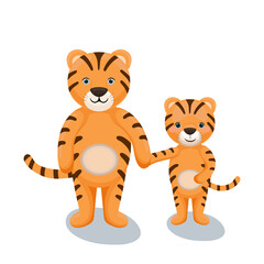 Obraz premium Dad and son animals isolated on white background. Cute tigers cartoon illustration. Father's day concept.