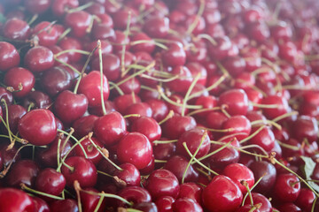 Ripe red sweet cherries on market. Fruit background