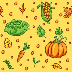 Hand-drawn autumn harvest vector seamless pattern with corn, pumpkin, carrot, cabbage and autumn colorful leaves. Suitable for the design of kid packaging, paper, prints, fabrics.