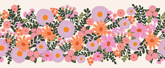 Seamless flower vector border hand drawn. Decorative repeating floral horizontal pattern design purple pink orange flowers. Beautiful floral banner for decor, ribbons, footer, fabric trim.