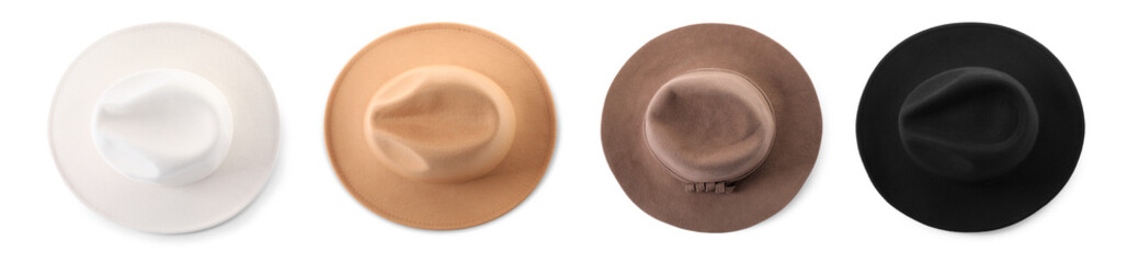 Set with different stylish hats on white background, top view. Banner design