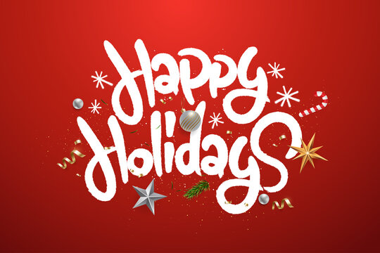Happy Holidays hand drawn calligraphy in spray paint lettering style. Christmas and Happy New Year greeting card design with white text and decorations isolated on red background. Vector illustration