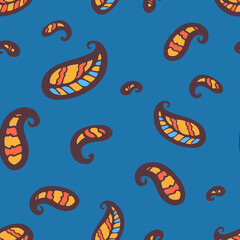 Seamless Pattern. Paisley Ornament on Blue Background. Vector Illustration.