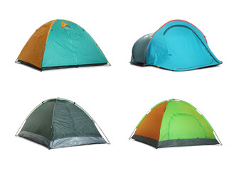 Set with different bright camping tents on white background