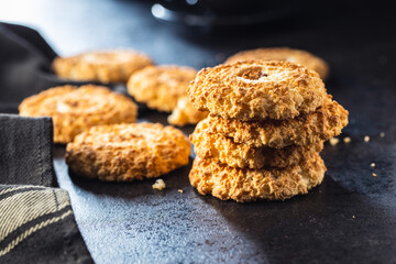 Sweet coconut cookies. Tasty biscuits with coconut flavor.