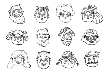 Collection with cartoon human heads. Vector illustration.