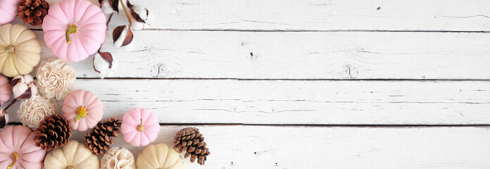 Autumn corner border of muted pink and white pumpkins, and white and brown natural decor over a...