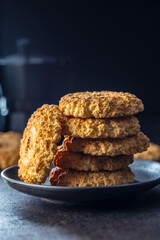 Sweet coconut cookies. Tasty biscuits with coconut flavor.
